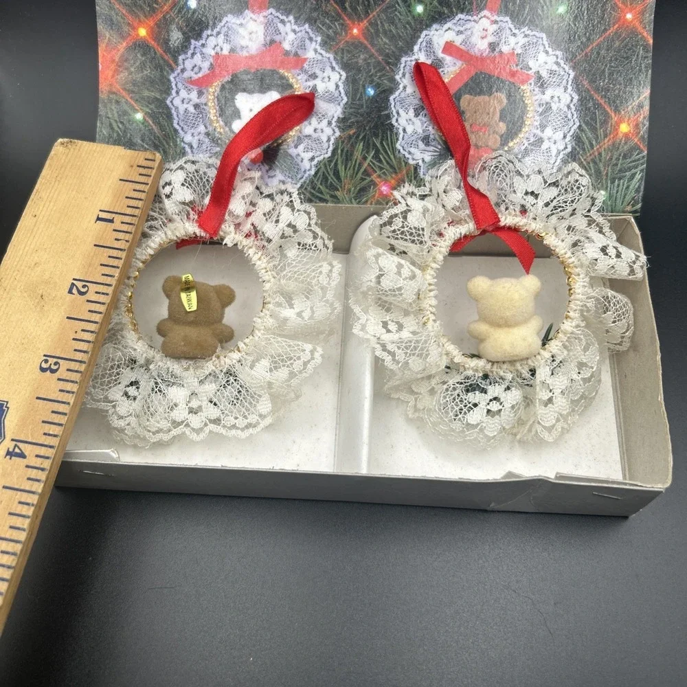Christmas Lace Teddy Bear Wreaths Set of 2 Tree Ornaments Decoration Vintage